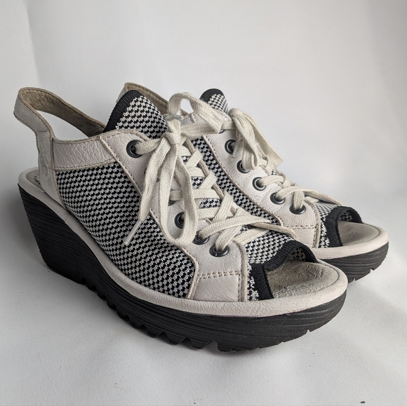 FLY LONDON Wedge Sandals Women No Size (6-7) Black And White Laces - Picture 1 of 14